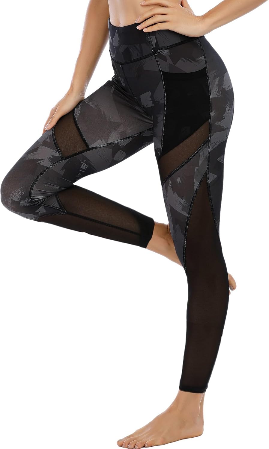 CSTOWN Women's High Waist Yoga Pants with Side Pockets Stretchy Mesh Insert Workout Leggings Tummy Control Yoga Tights - Image 2