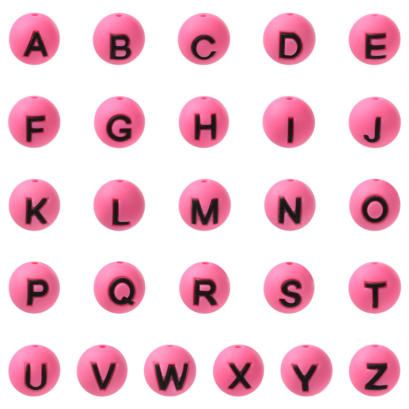 HUAAPLEVLA 26 Pcs 15mm Silicone Beads for Keychain Making Round A-Z Alphabet Beads Bulk Silicone Letter Beads for Bracelets Pens DIY Crafts Jewelry Making(Deep Pink)