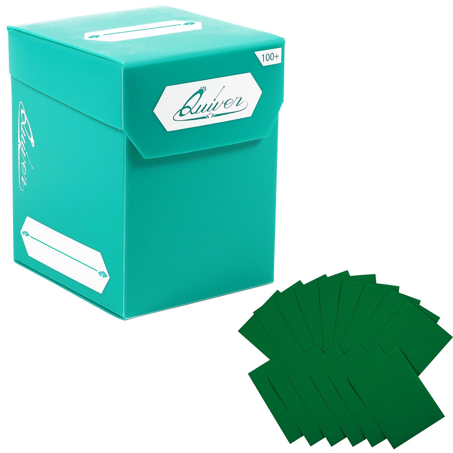 Quiver Time Green Trading Card Deck Box and Sleeves Bundle - 100+ Quiver Deck Block with Double Dividers (Commander MTG Deck Box MTG) + 100 Artemis Green Card Sleeves with Black interior (66 x 93 mm)