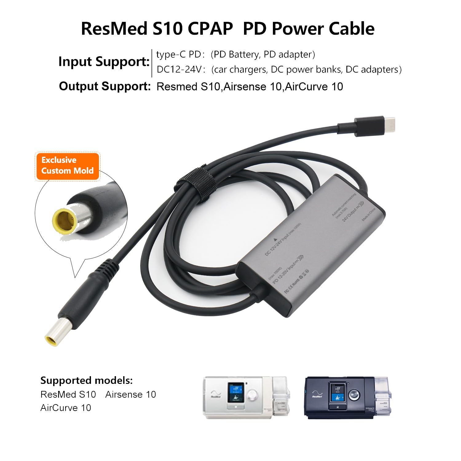 STAIGO Câble d'alimentation USB-C ResMed S10 PD pour Resmed S10/AirSense 10/AirCurve 10 Convertisseur DC
