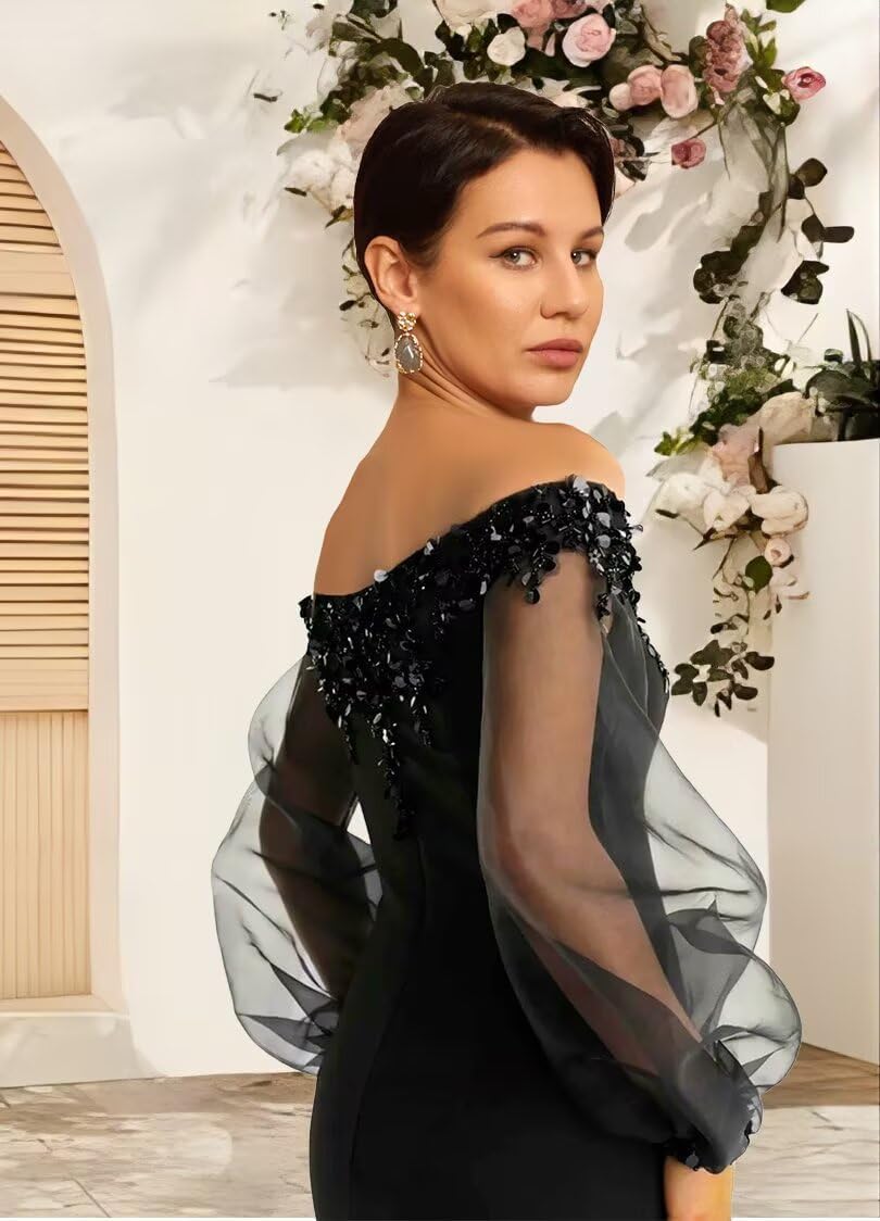 Laces Sequin Chiffon Mother of The Bride Dress for Women Side Split Off Shoulder Long Sleeves Wedding Guest Gown