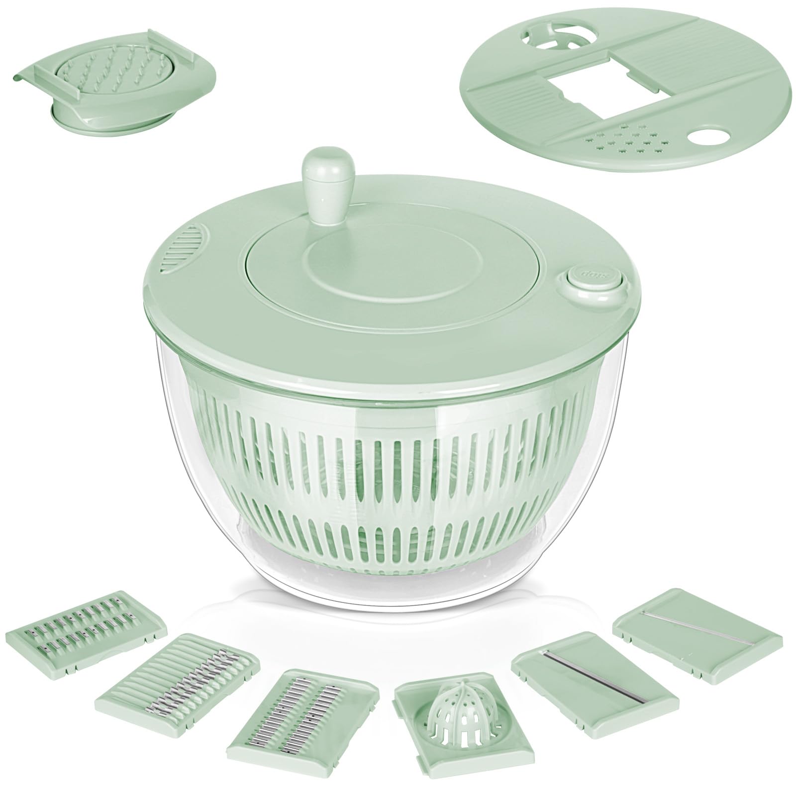 VINATO Centrifugadora Lechuga 4,5L, Mandolina de Cocina Multiusos, Escurridor Verduras para Lavar, Centrifugar y Cortar. Ensaladera con 5 Cuchillas + 1 Accesorio para Zumos.