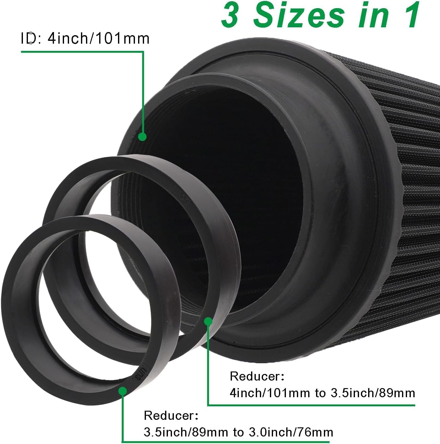 Filtro de aire universal en forma de cono de 76 mm, 89 mm, 101 mm, entrada de aire de alto rendimiento, cono redondo, filtro de aire, limpiador para coches de carreras deportivas, 3 tamaños en uno
