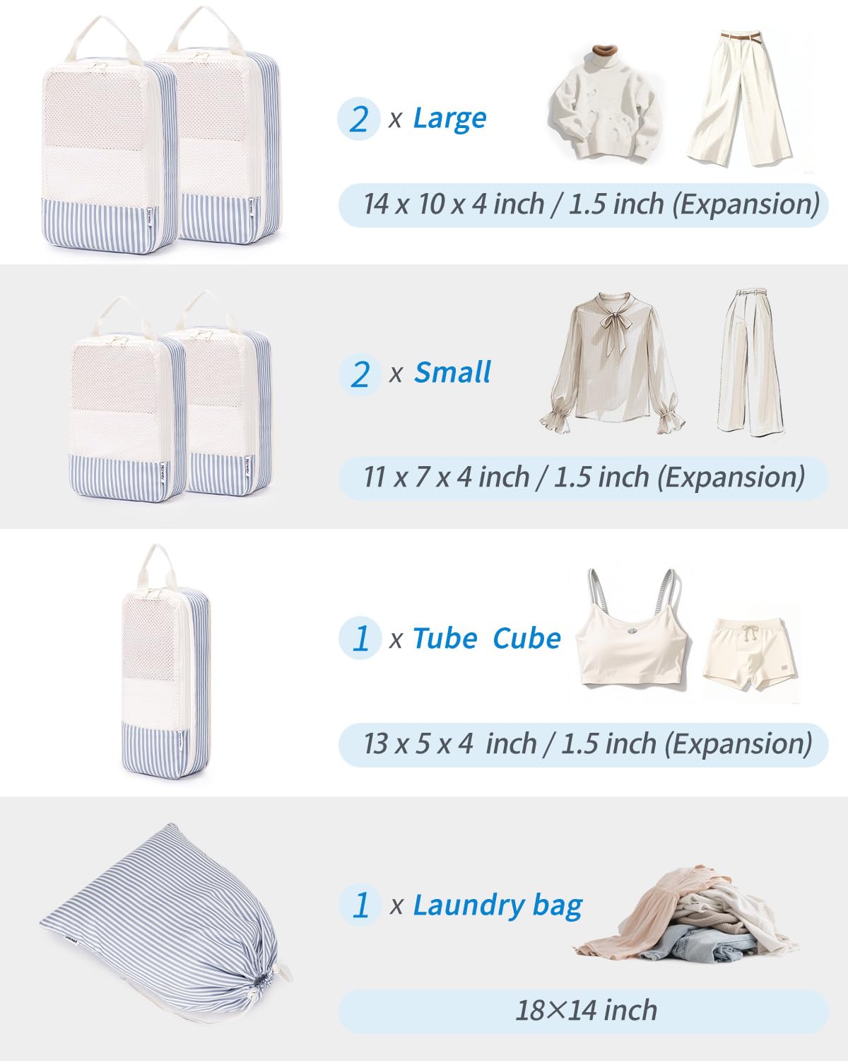 Narwey 6er-Set gestreifte Kompressions-Verpackungswürfel für Reisen, Damen, Kinder, Handgepäck, niedliche Pack-Organizer-Tasche für Gepäck, Koffer, Seesäcke, Rucksack (grau-blaue Streifen)