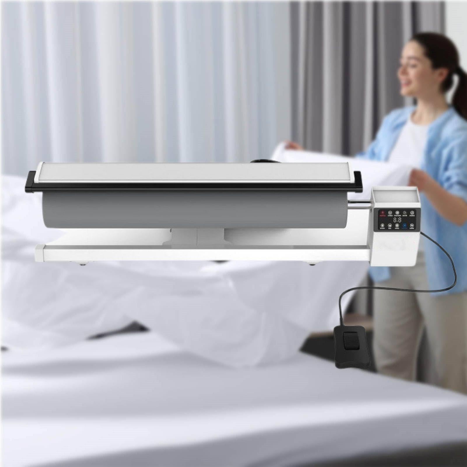 Dampfbügelmaschine mit rotierender Walze für den privaten und gewerblichen Einsatz mit Ständer, 91,5 cm Breite, mit kontinuierlichem Dampfbetrieb, beheizter Platte und Fußpedal Standard