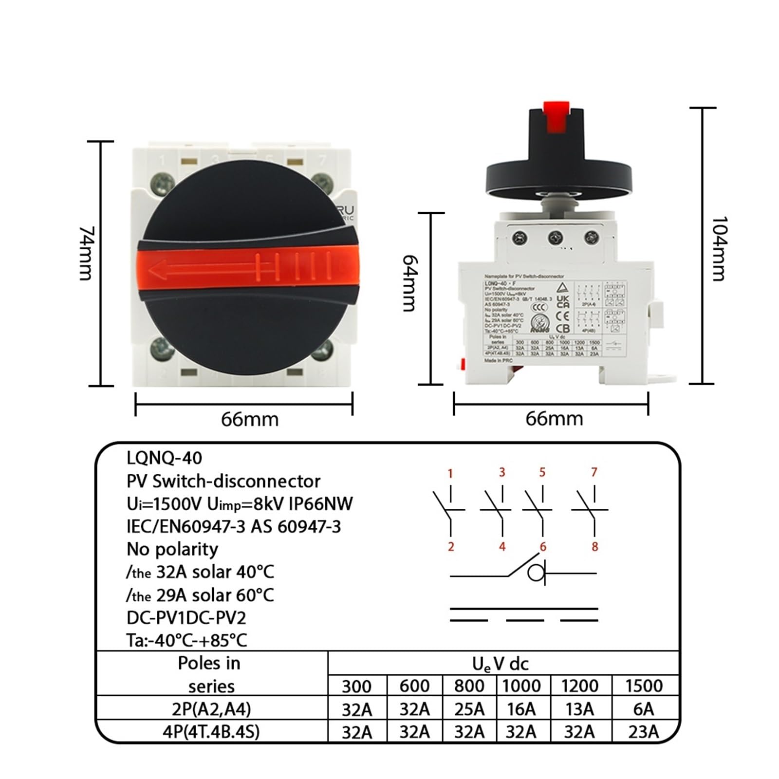 LONQ-40 Solar DC 4P 32A 1500V przełącznik izolacji fotowoltaicznej uchwyt obrotowy izolator przełącznik obrotowy odpowiedni do szyny prowadzącej skrzynki rozdzielczej solarnej (LONQ-40.F)