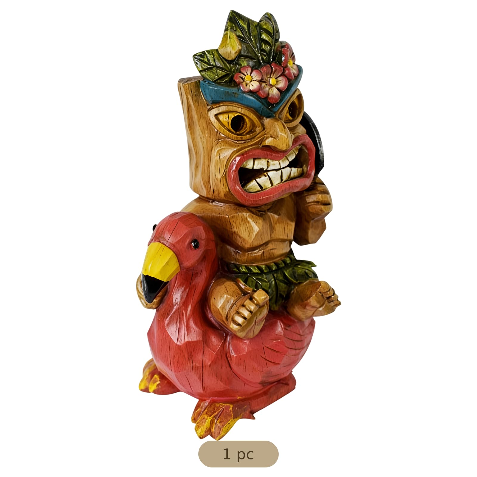 Figura di fenicottero polinesiano a energia solare, decorazione Tiki all'aperto, scultura in resina alta 25 cm, accensione e spegnimento automatico tropicale giardino patio bar ornamento