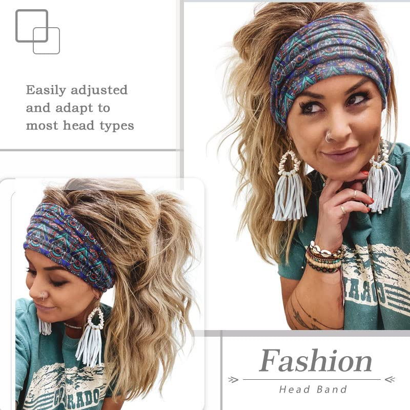 Miniatura 5 de Aceorna Diademas bohemias anchas anudadas para el cabello, bandas elásticas estampadas, diademas bohemias para mujeres y niñas, 3 piezas (juego A)