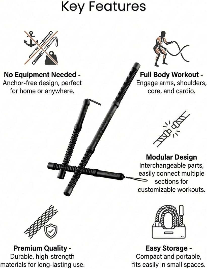 Connectable Multi-Purpose Ropeless Training Ropes - Portable Cordless Training Rope for Home Gym, HIIT Workout Equipment for Strength Building & Full-Body Exercise