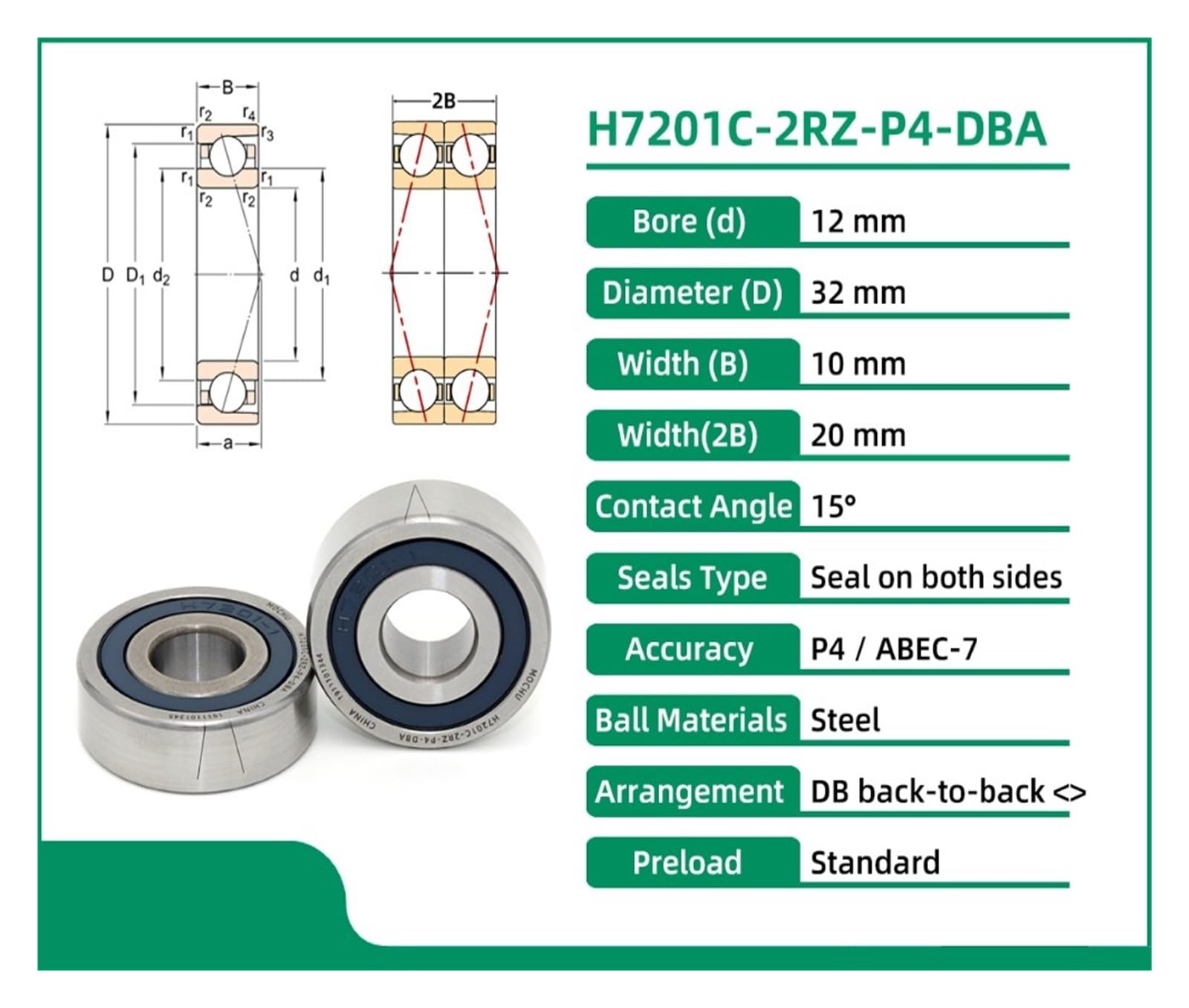 1 Paire de roulements à Contact Oblique étanches H7201C 2RZ P4 DBA 12X32X10 7201