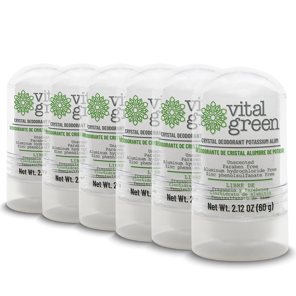 Vital Green - Deodorante naturale in pietra di cristallo di allume di potassio, senza parabeni e senza alcool. Rimuove l'odore e nessuna macchia, presentazione 60 g - 2.1 oz (6 Unità)