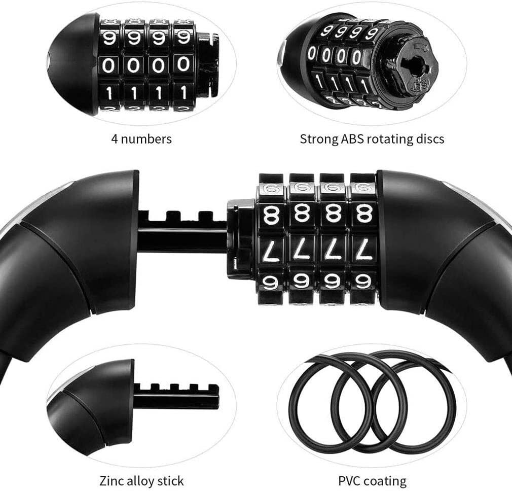 Candados para Bicicleta de montaña, candados antirrobo con contraseña, candados de Cable Luminosos para Carretera, candados de Cadena Reflectantes con contraseña para Ciclismo (Negro, 180 cm)