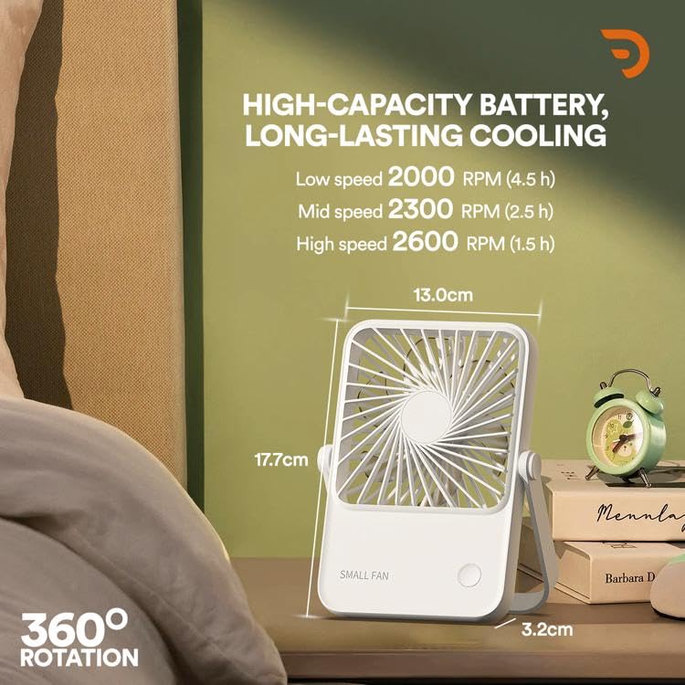 Image of Dravina Portable Desk Fan Battery Operated - 3000mAh, Foldable, 3 Speed Modes Strong Airflow, Small Personal Fan with 180 Adjustable Tilt Angle, Quiet Cooling Fan for Home, Office, Dorm