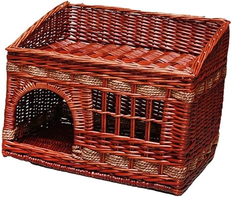Amazon Com Vedem Pet Two Tier Rattan Wicker Cat House Handmade Cat Condo For Cats And Small Dogs M Brown Pet Supplies