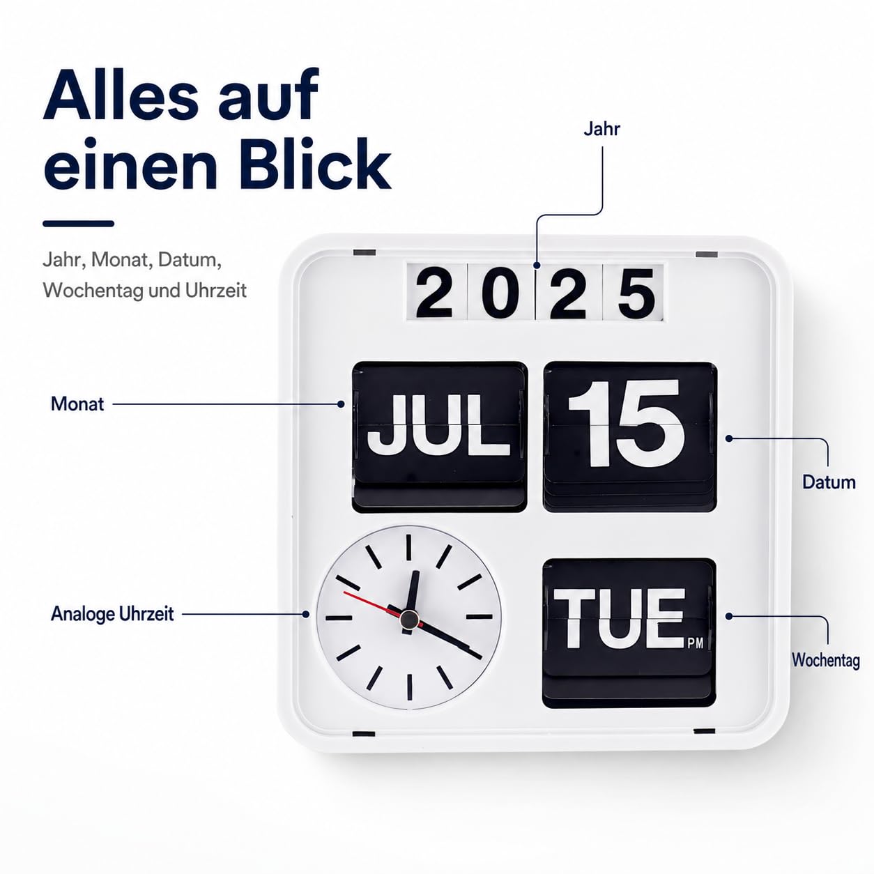 Eurotime 80005-00 Retro Tisch- & Wanduhr mit Voll-Datumsanzeige inkl. Jahr, Quarzuhr im Klappkarten-Design, automatischer Monatswechsel, 18 x 18 x 7,5 cm, Weiß