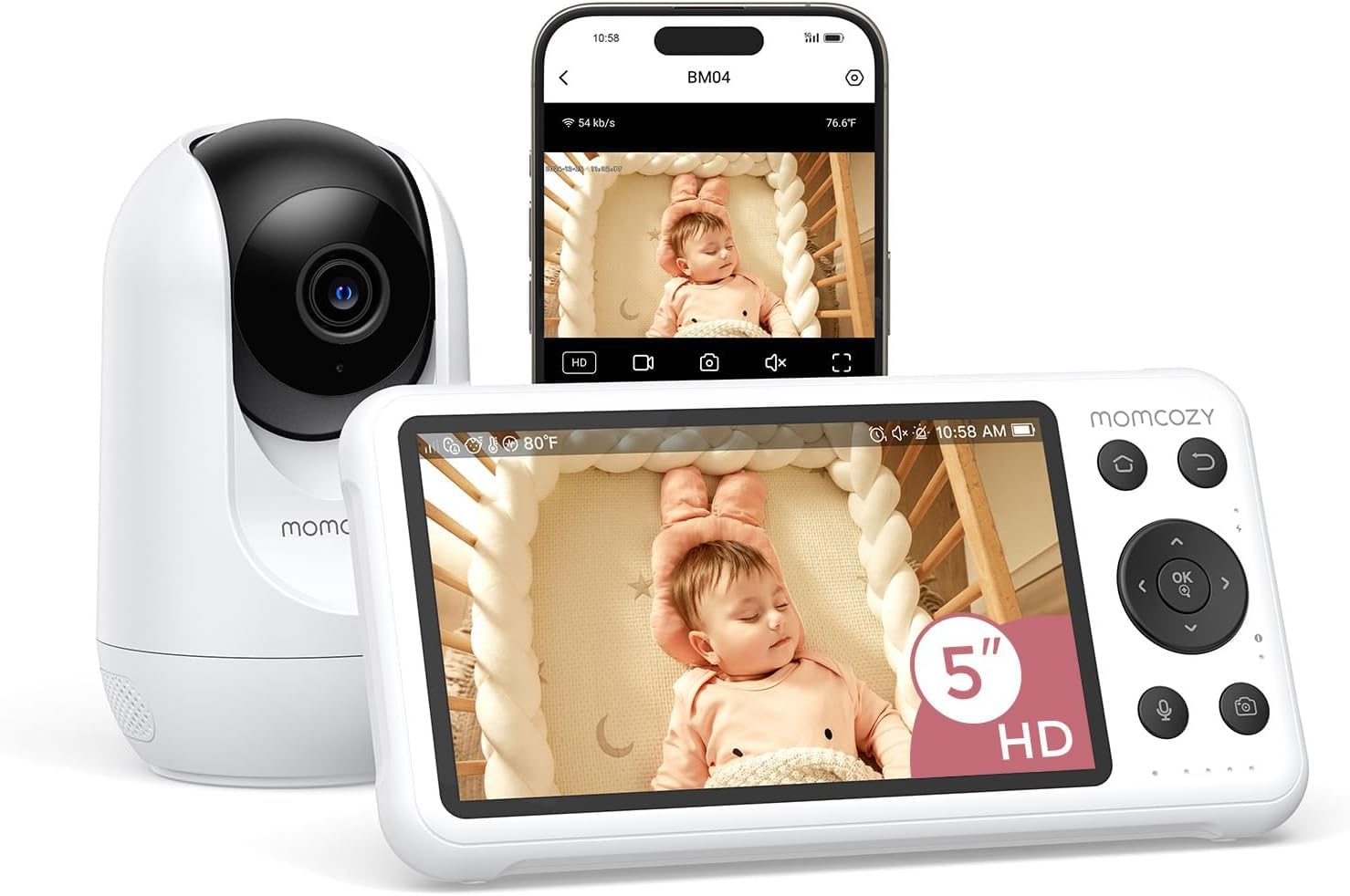 momcozy Baby monitor Smart WiFi con fotocamera e audio, schermo da 5 pollici 1080P con montaggio a parete, rilevamento movimento e pianto, recinzione sicura, visione notturna chiara, batteria 5000mAh