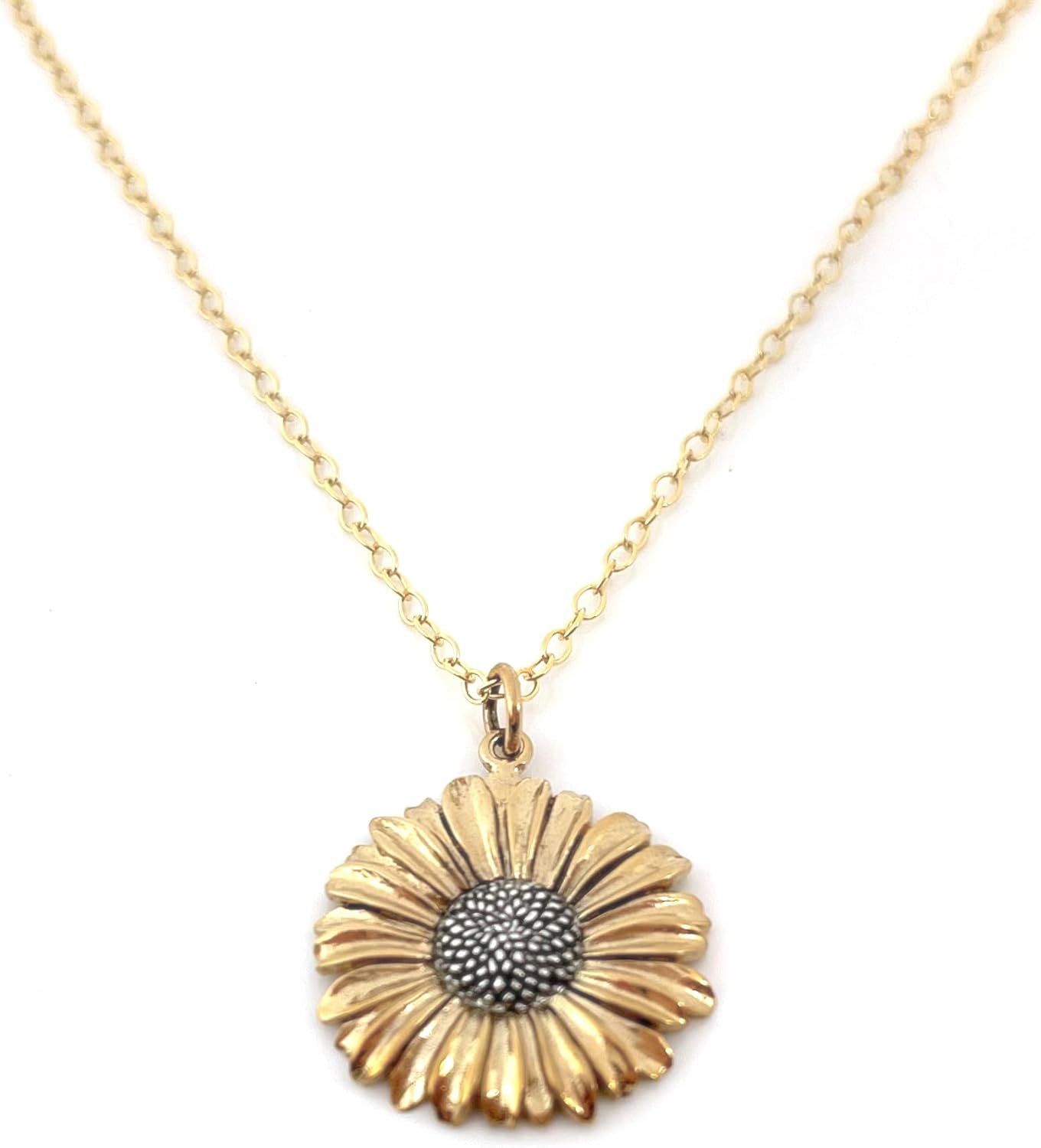 Sunflower Necklace Bronze Charm Gold Filled Chain Handmade Gift