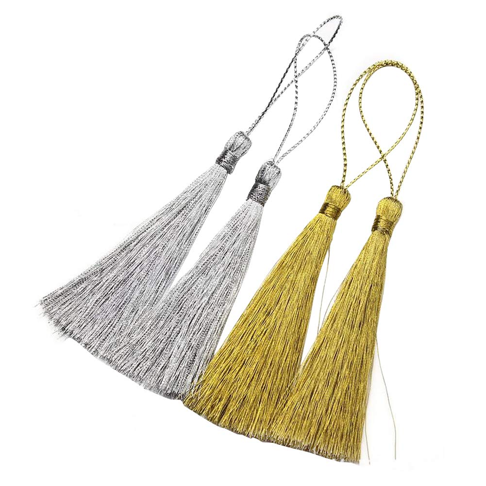 BESTCYC 50Pcs 13CM/5inch Golden and Silver Colors Silky Floss Handmade Bookmark Tassels Craft Tassels for Jewelry Making, Souvenir, Bookmarks, DIY Craft Accessory