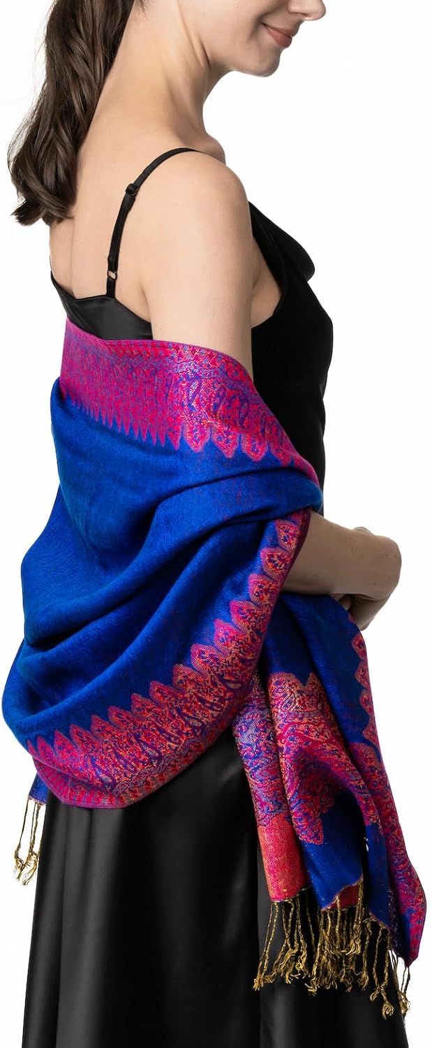 Achillea Elegant Reversible Paisley Border Pashmina Shawl Wrap Scarf - Image 5