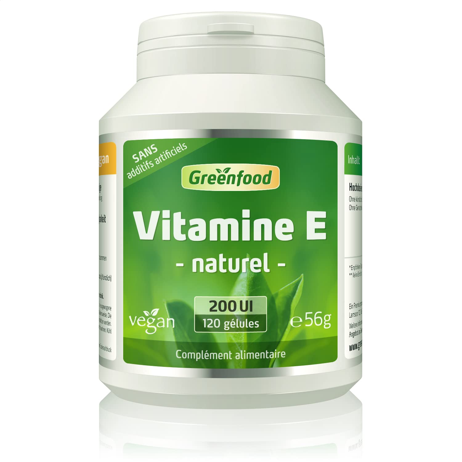 Greenfood Vitamine E, 200 UI, 120 gélules - protéger les cellules contre le stress oxydatif. Sans additifs artificiels. Sans génie génétique. Vegan.