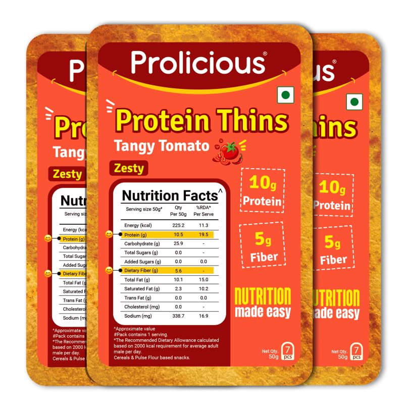 Image of Prolicious Tangy Tomato High Protein Chips | No Palm Oil | Crisp & Delicious | Easy to Carry (Pack of 3)