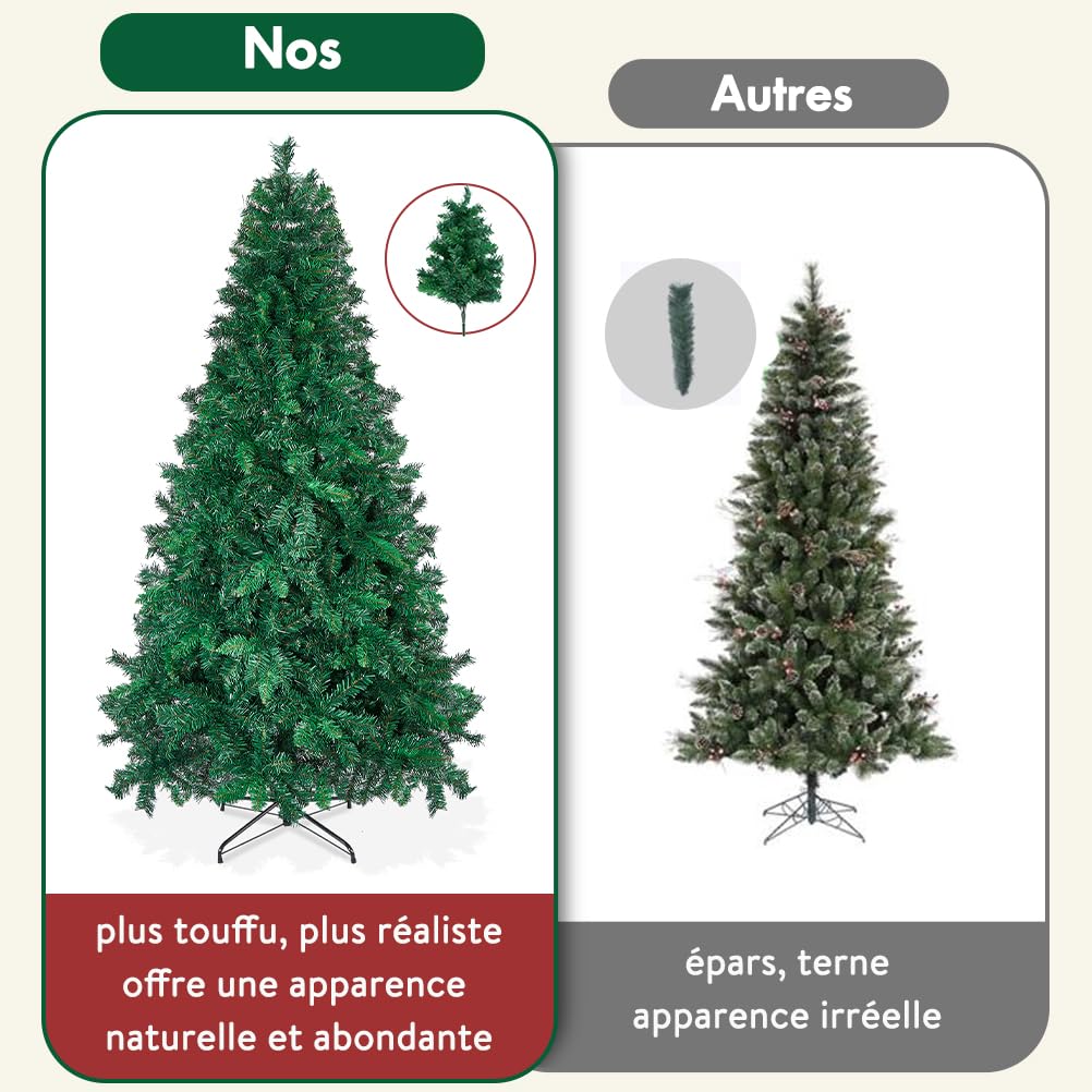 OUSFOT Vert Sapin de Noel, 1099 Branches Sapin de Noel Artificiel 210cm, avec Base en Métal Matériau PVC,Convient pour Le Salon,Chambre,Bureau