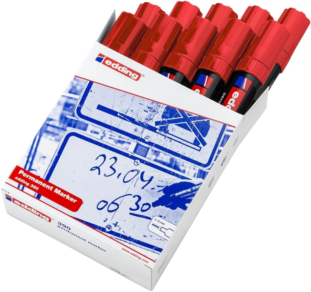 edding 390 Marqueur permanent - Rouge - 10 stylos - Pointe biseautée épaisse 4-12 mm - Imperméable, sèche vite - Marqueur polyvalent universel - pour carton, plastique, bois, métal, verre, toile