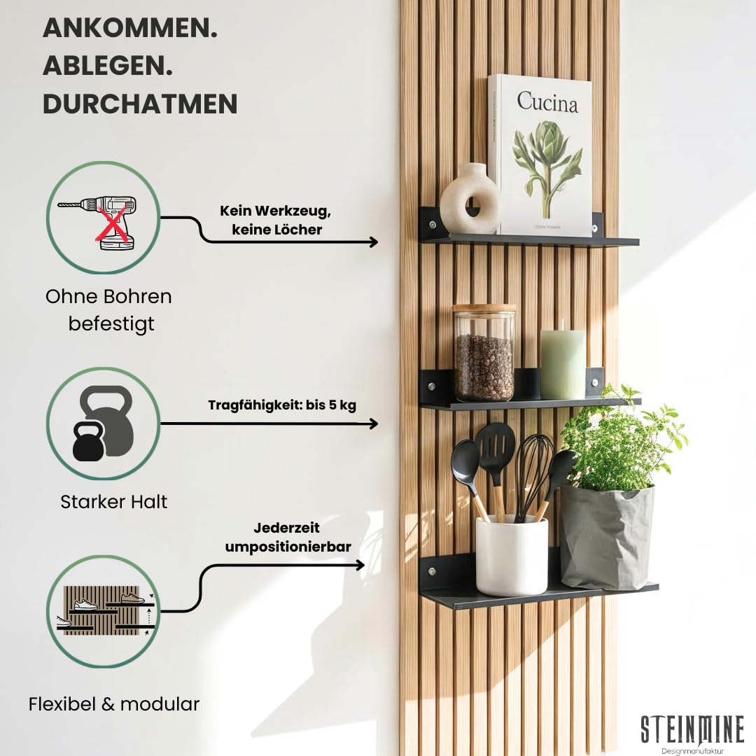 Steinmine - Designmanufaktur Wandregal Metall schwarz matt – Metallverschraubung - kein Bohren – Zubehör für Akustikpaneele (44cm x 13cm)