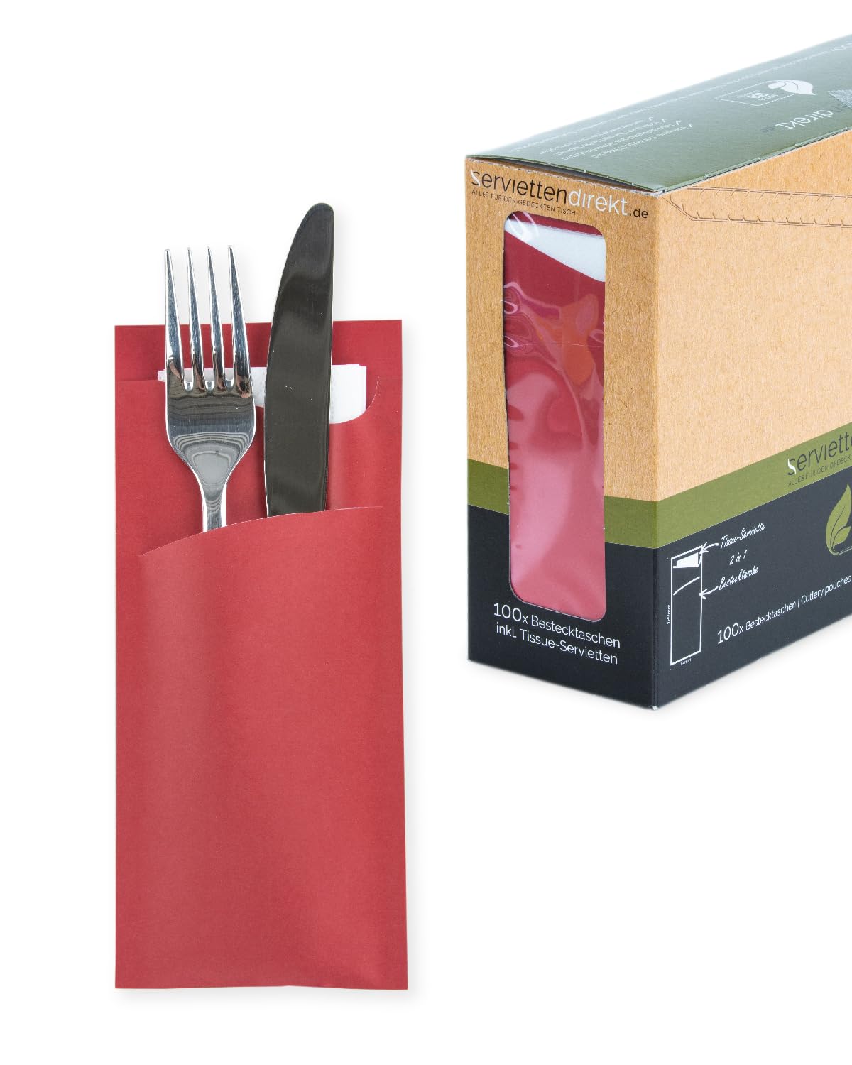 PRIME GUEST Bestecktasche Prime Fit 85x190mm Bestecktaschen mit Serviette in Weiß Serviettentasche ideal für Gastronomie und Feiern (Rot, 100 Stück)