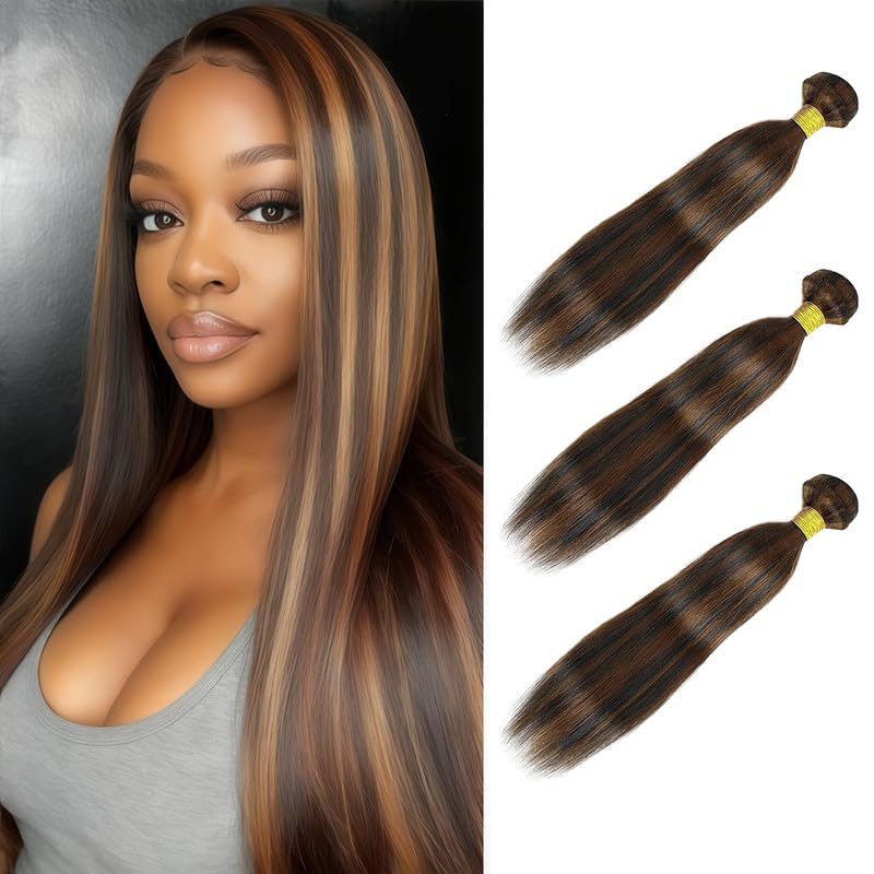 P4/30 Highlight Brown Human Hair Bundles 14 16 18 Inch Straight Bundles Human Hair 3 Bundles Brazilian Virgin Human Hair Extensions Double Weft Bundle Piano Color