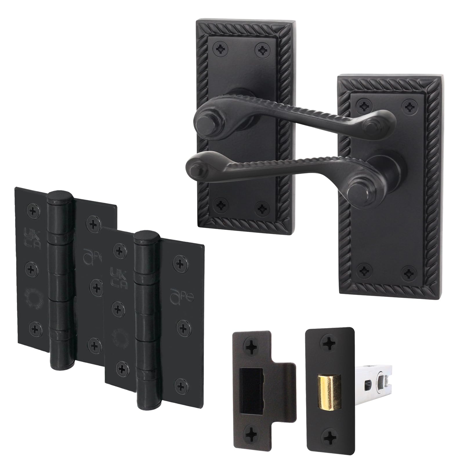 Eai Matt Black Georgian Scroll Door Handle Latch Set - 1 Pair Internal Handles, Hinges (76Mm) & Latch (64Mm) - Rope Design