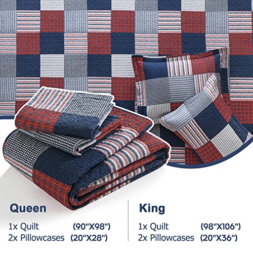 Image of Finlonte Quilts Queen Size - 100% Cotton Queen Comforter Set Blue Red White Plaid Farmhouse Quilt Bedding Set, Reversible Lightweight Soft Bedspread, Quilted Coverlet All-Season, 3-Piece