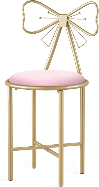 Pink Vanity Chair - Girls Best Gift Dressing Table Stool Velvet Vanity Table Chair with Lovely Bowknot High Backrest Comfortable Makeup Chair for Girls Room,Clothing Store,Dressing Room,Beauty Store