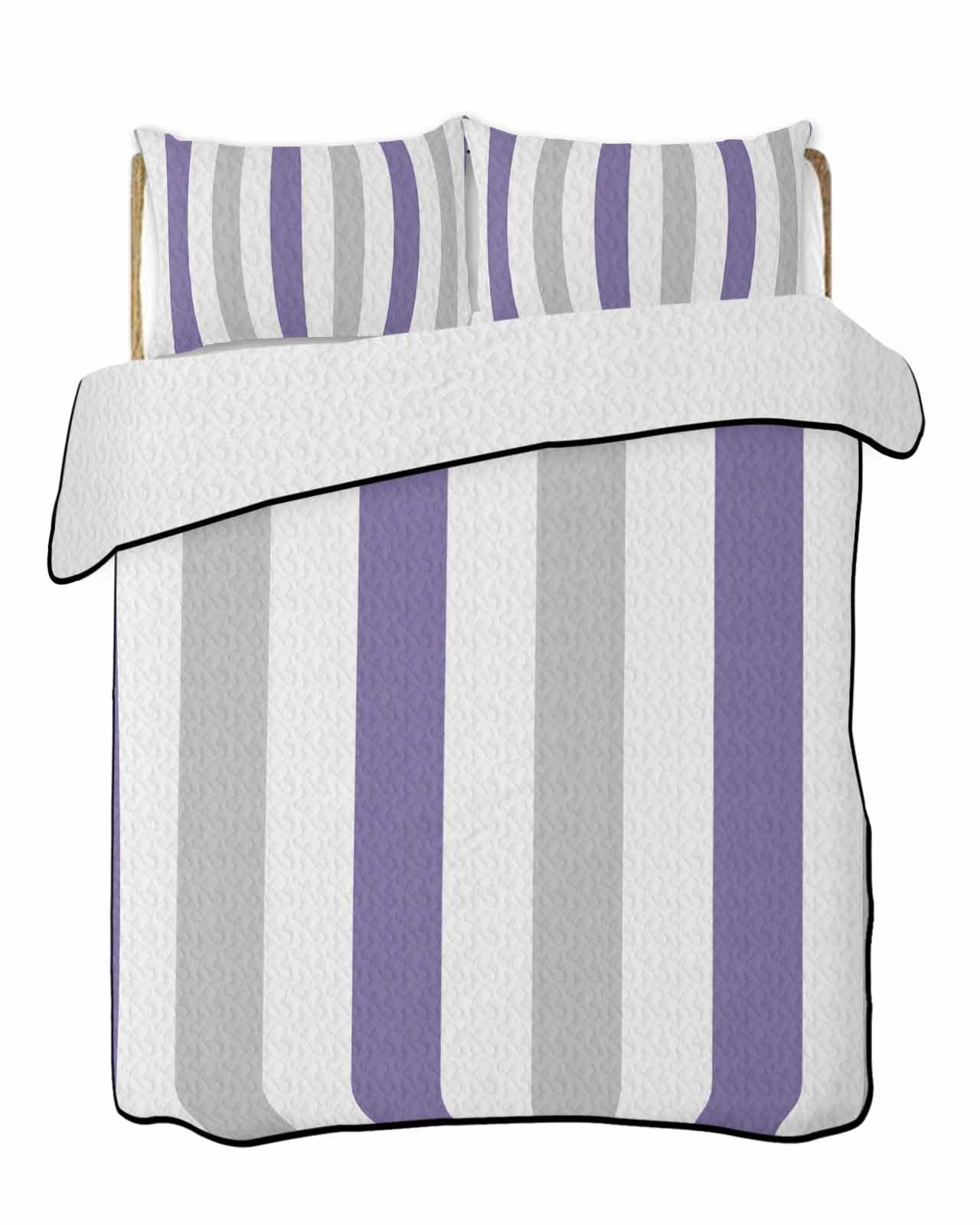 3-Piece Summer Quilt King Size, Purple Grey Striped Lightweight Cooling Bedding Comforter Blanket with 2 Pillow Shams, Geometric Vertical Stripes Minimalist Bedspreads Quilted Coverlet Sets 96