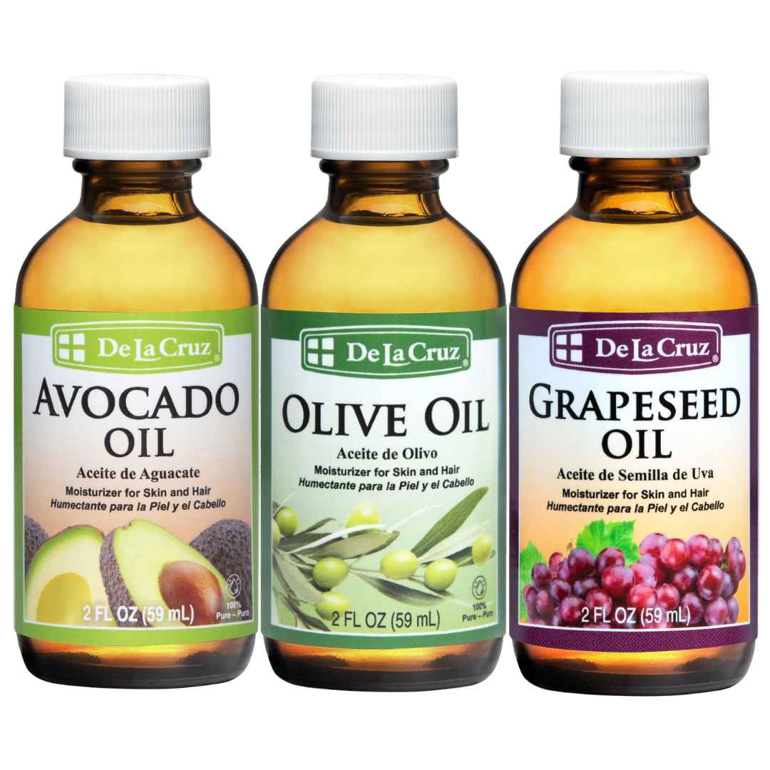 De La Cruz Avocado Oil, Pure Olive Oil and Grapeseed Oil Bundle - 100% Expeller Pressed Pure and Natural Oils for Hair and Body - Lightweight Body Oil Collection for Dry Skin
