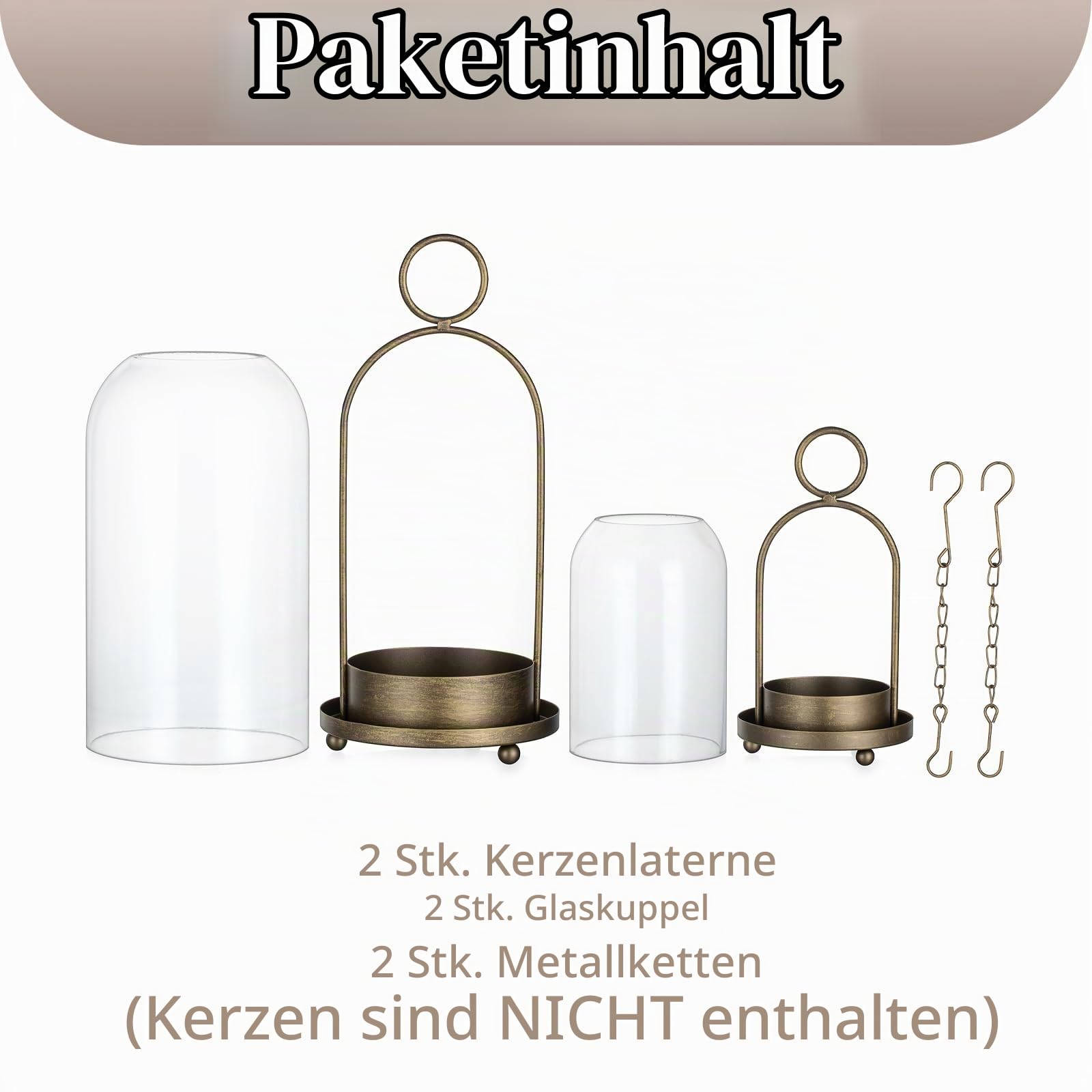 Sziqiqi Windlicht Kerzenständer für Stumpenkerzen in Messing-Optik, 2er-Set | Große Vintage-Laternen mit Glaskuppel, Landhausstil-Kerzenhalter mit Kette, für Deko Wohnzimmer, Outdoor, Kamin, Balkon