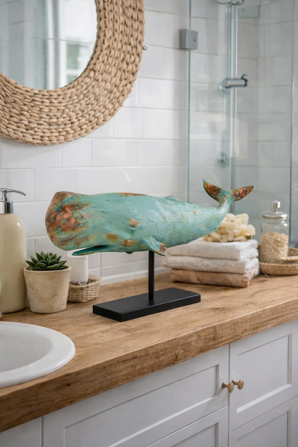 Wal Walfisch Fisch Dekofigur Statue Skulptur Standfuß Polyresin Modern - Maritime Deko für Wohnung in Holz-Optik - Dekoration für Wohnzimmer, Schlafzimmer oder Badezimmer - XXL 77x17,5x38,5 cm