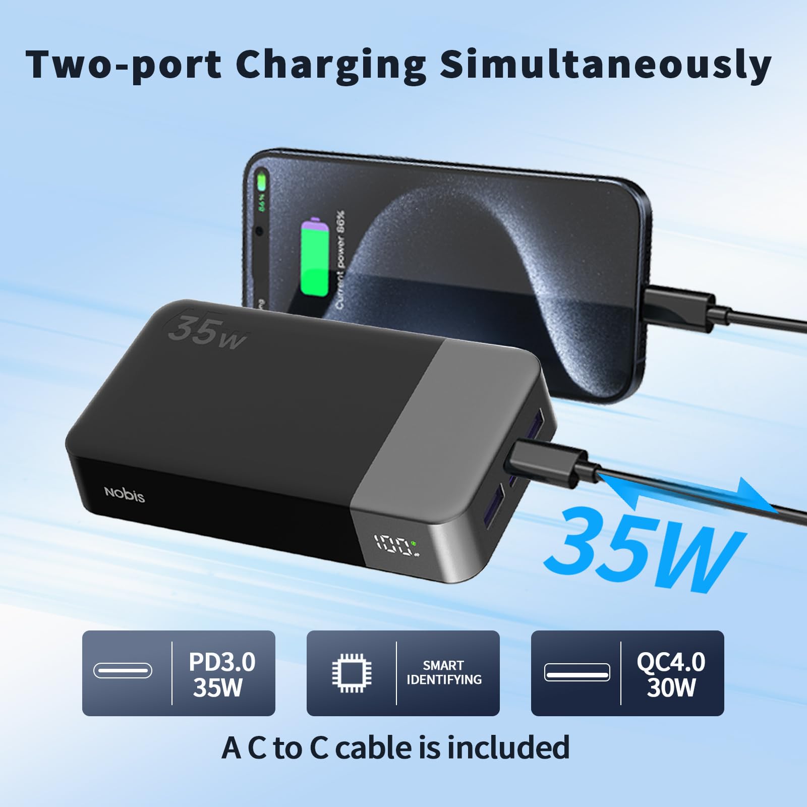 Nobis Power Bank 20000mAh 35W Power Bank Ricarica Rapida USB C In & Out,PD3.0 QC4.0 4 Porte Caricatore Portatile con Display Digitale a LED, Compatibile con Laptop, S23 Phone 16 (Nero)