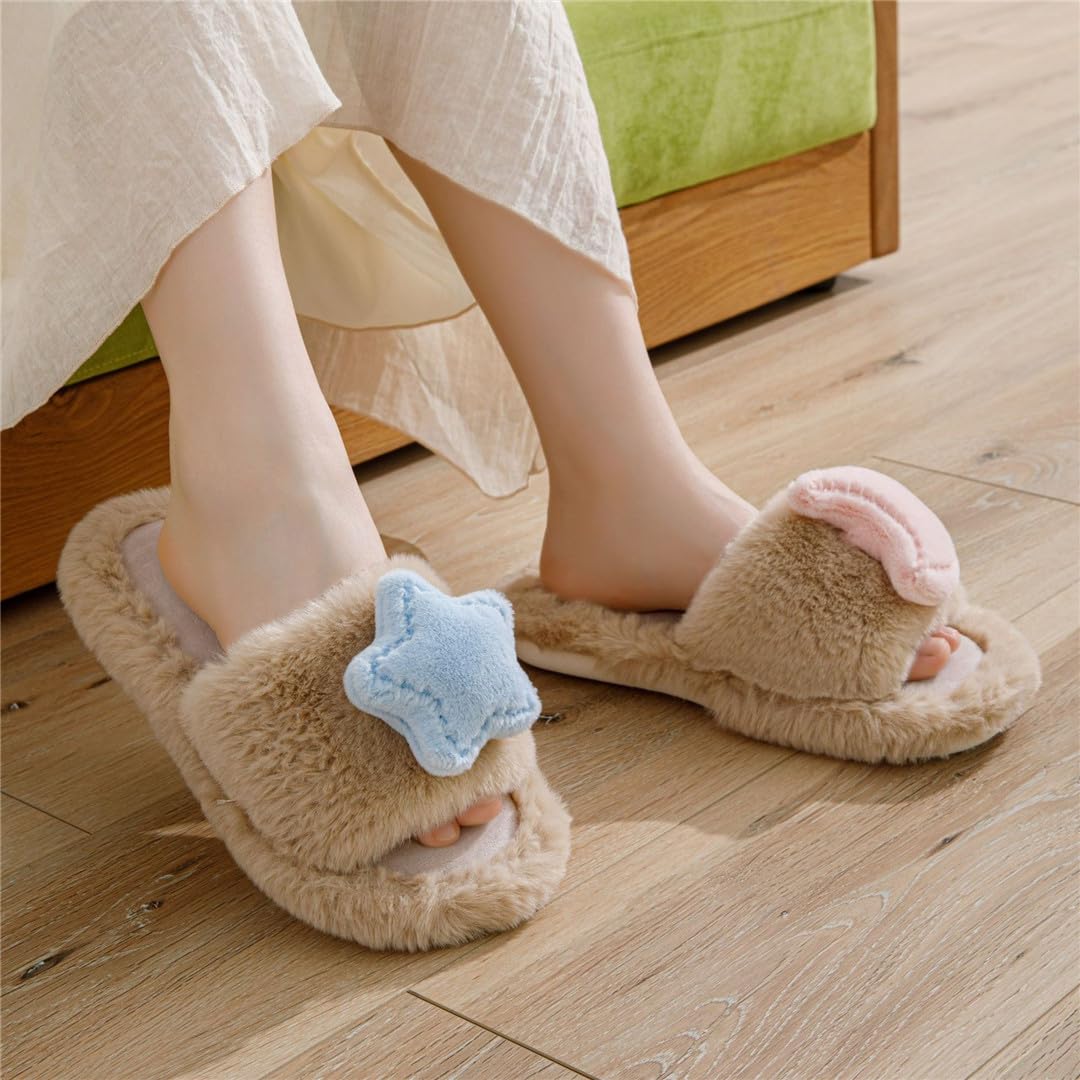 Wvapzxx Zapatillas De Piel Esponjosa De Algodón Para Mujer, Pantuflas Peludas De Interior Para El Hogar, Pantuflas De Felpa Lindas Con Forma De Estrella Y Luna