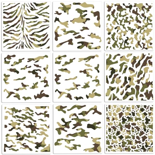 9stk Tarnschablone für Sprühfarbe, 30,4x30,4cm Tarnmuster Schablonen Wiederverwendbares Farbvorlagen Set für Wand Boden Möbel Leinwand Stoff (9 Stile)