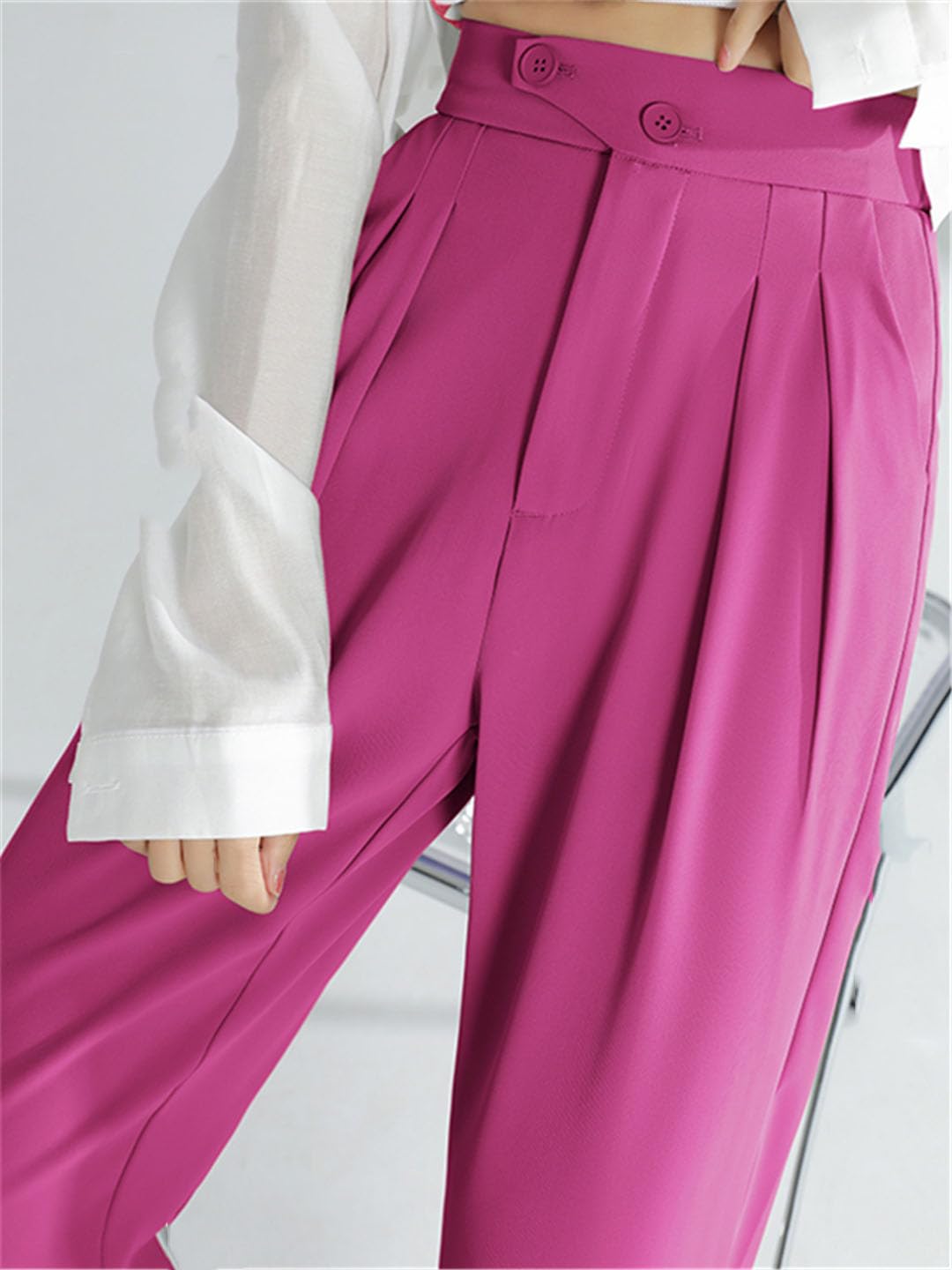 Ownwfeat Pantaloni A Gamba Larga A Vita Alta da Donna Pantaloni Larghi Dritti con Bottoni