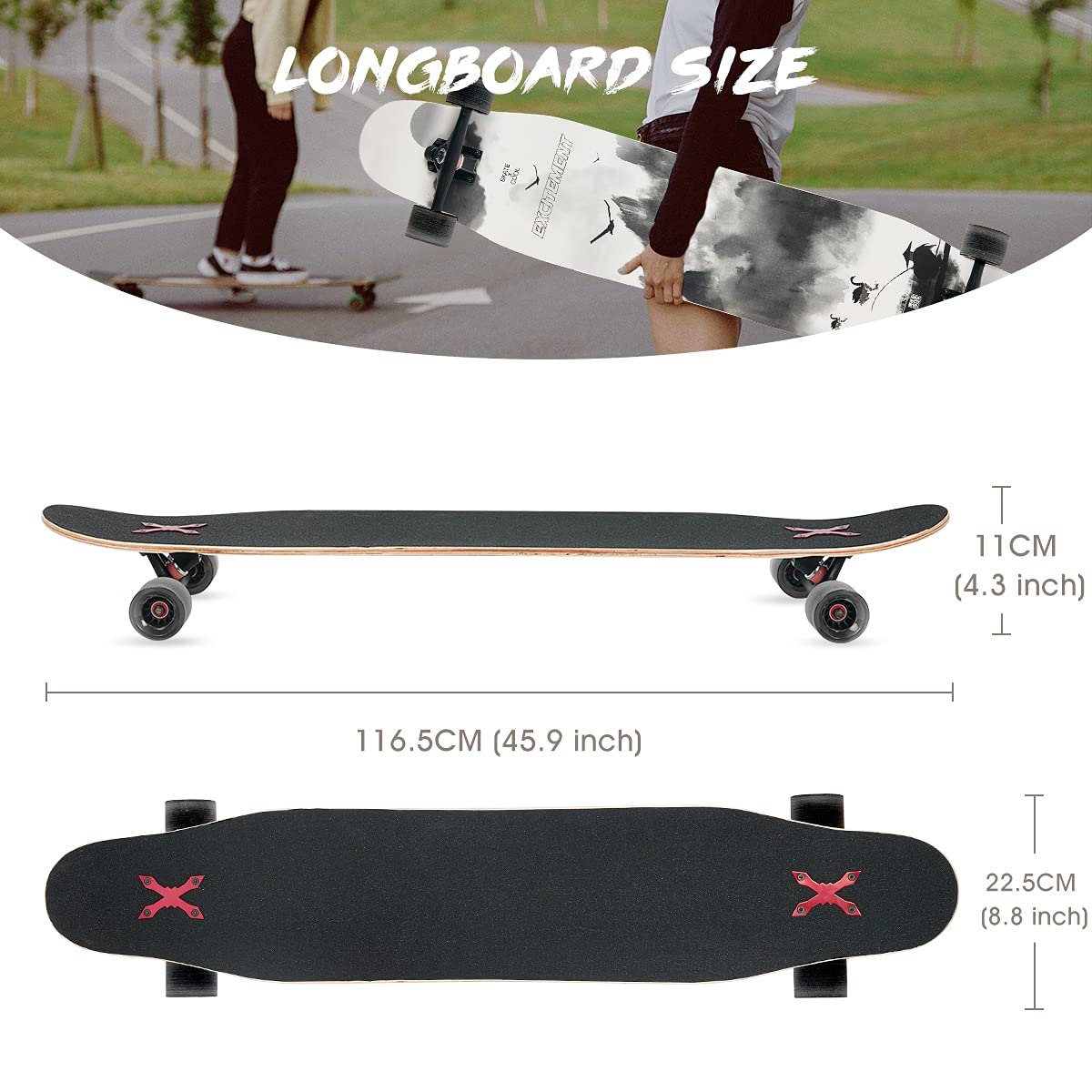 Longboard Skateboard Principiante Complete Cruiser Dancing Longboard Legno Acero Outdoor Freeride per Giovani Adulti Ragazzi Ragazze Danza