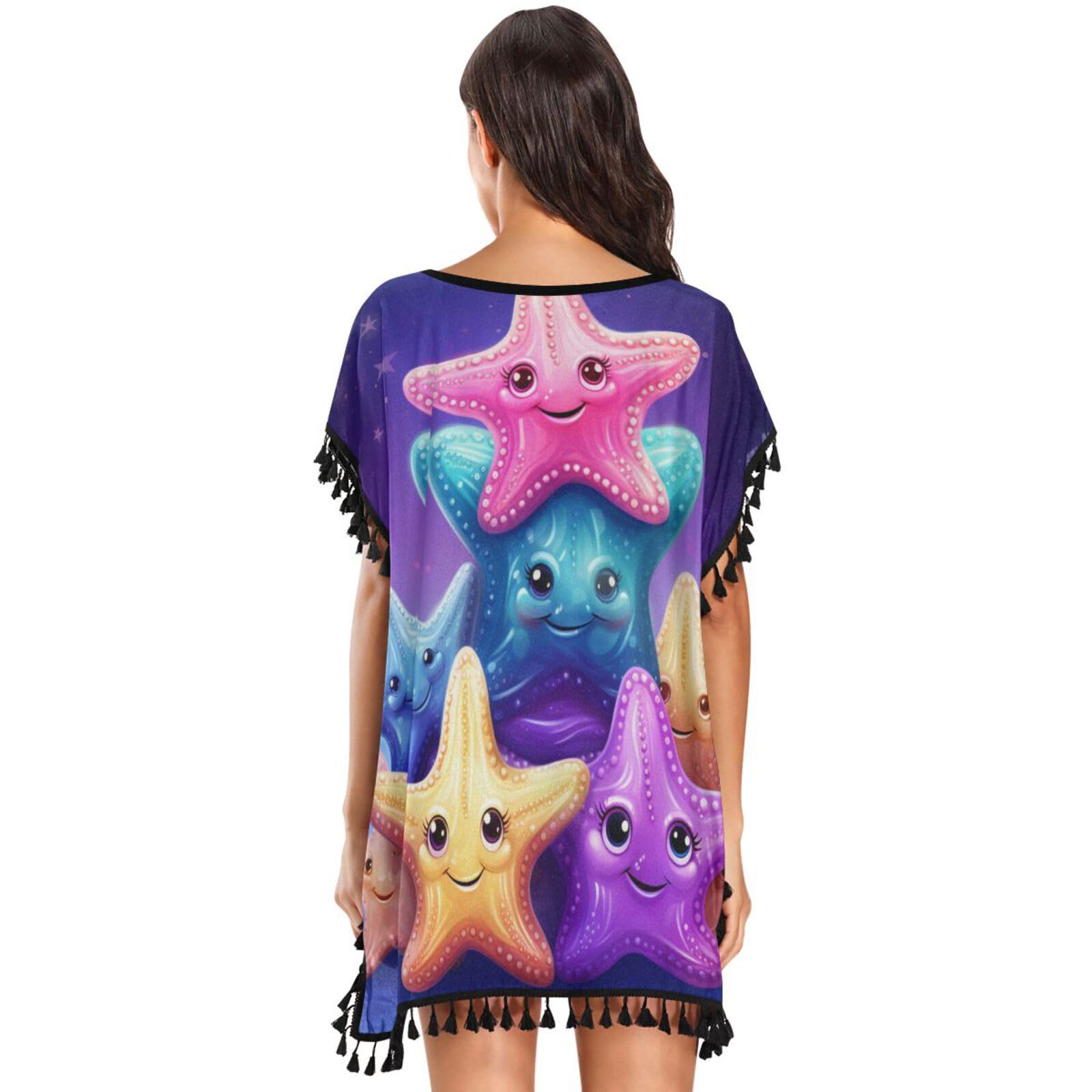 KAAVIYO Doodle Style Cute Starfish Women's Beach Cover Up Chiffon Tassel Swimwear Swimsuit Coverups for Girl