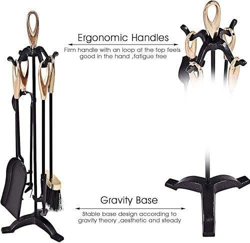 Miniatura 4 de Tangkula Juego de chimenea de 5 piezas, rústico, resistente, compacto, de hierro forjado, juego de herramientas con pedestal, herramienta de hogar,