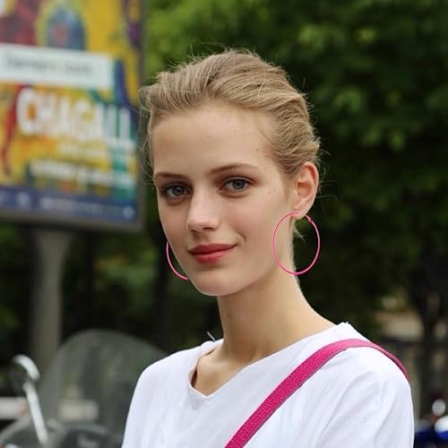 Miniatura 6 de Aretes de aro rosa para mujer, 2.36 pulgadas, grandes aros de acero inoxidable de los años 80 y 90, aretes grandes retro neón para fiesta,