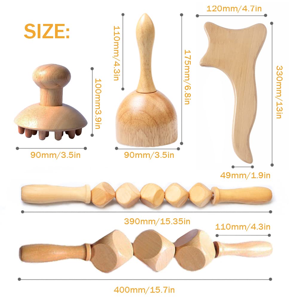 Outils de massage de thérapie du bois, kit de 5 pièces Maderoterapia, masseurs manuels multifonctions en bois pour sculpter le corps soulager la douleur musculaire drainage lymphatique anti-cellulite