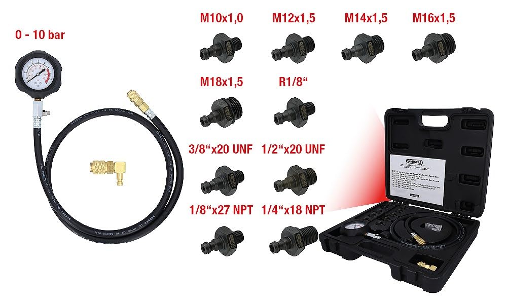 KS Tools 150.1920 Öldruck-Prüfgerät, 12-tlg., 0-10bar, 4042146413821
