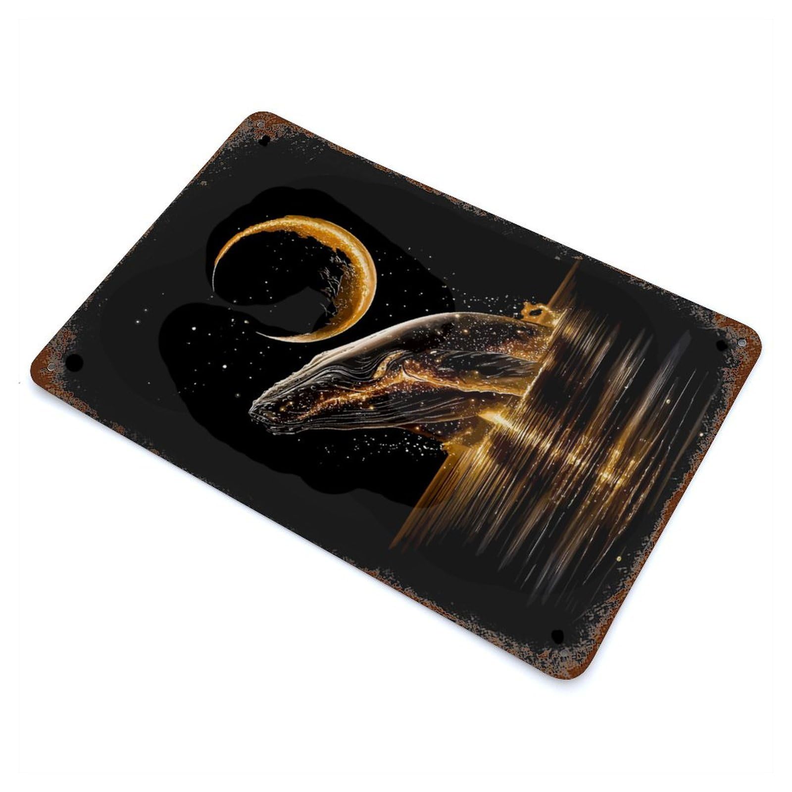 Vintage Metal Tin Sign with Golden Whale Leaping Under Crescent Moon Design 11.8"x7.9", for Patio, Garden Room And Bar Decor, Classic Wall Plaque