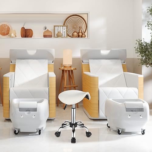 Miniatura 2 de FNZIR Saddle Rolling Stool with Wheels PU Leather Height Adjustable Swivel Stools Chair White