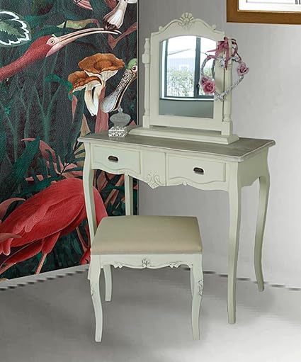 APRODZ Wooden Antique Dressing Table with Stool for Living Room (White Finish)